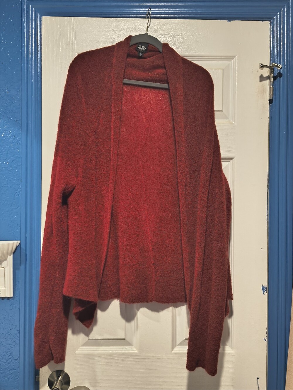 Eileen Fisher Crimson Red Italian Yarn Open Front Knit Cardigan Sweater PM